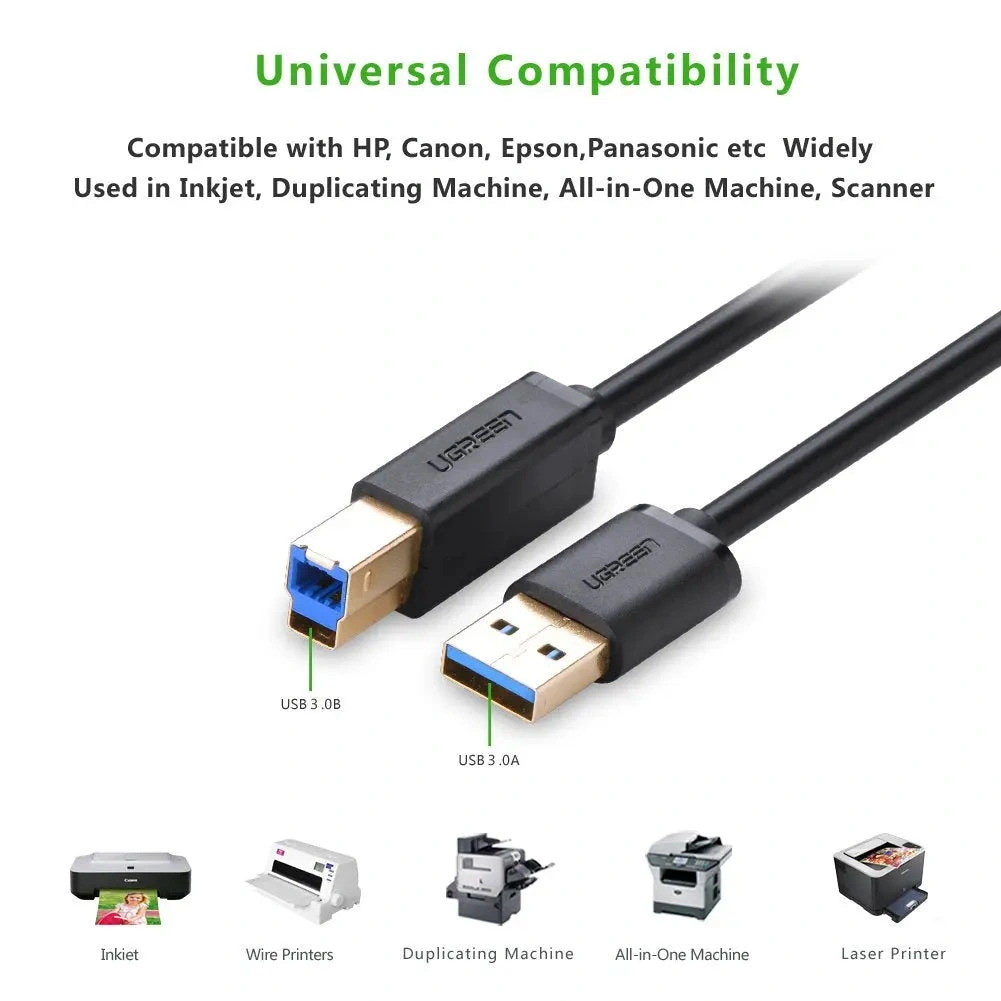 UGREEN Кабел USB-A - USB-B (м-м) Printer cable, 2м, 5Gb/s /черен/ - US210 / 10372