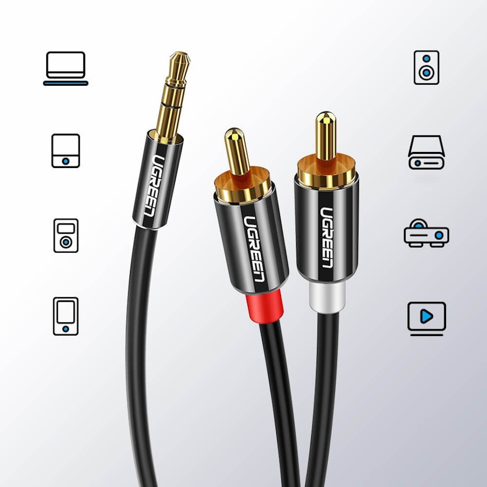 UGREEN Аудио кабел 2-в-1 от 2x RCA jack /м/ към 1x AUX/м/ 3.5mm, 3m /черен/ - AV116 / 10590