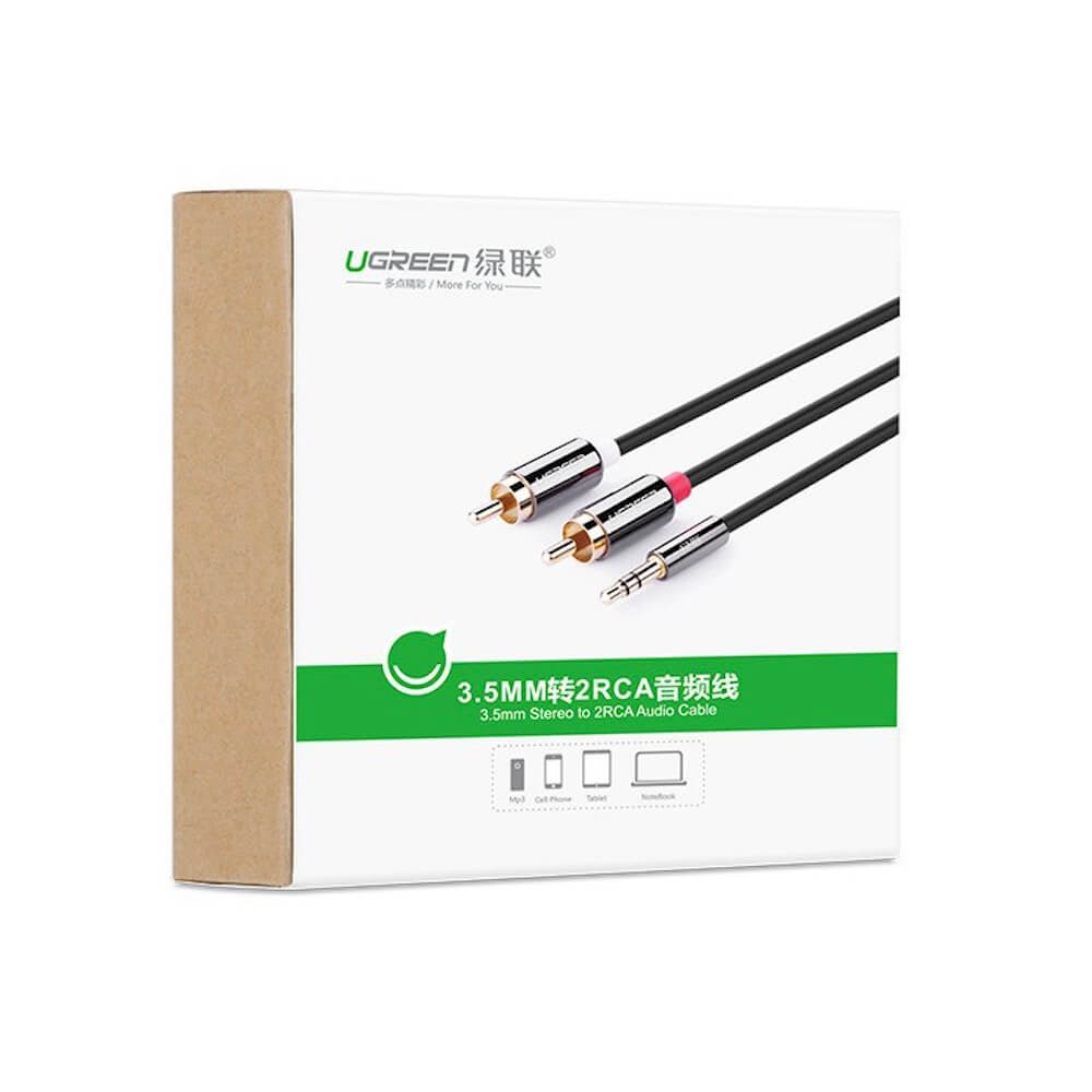 UGREEN Аудио кабел 2-в-1 от 2x RCA jack /м/ към 1x AUX/м/ 3.5mm, 1m /черен/ - AV116 / 10749