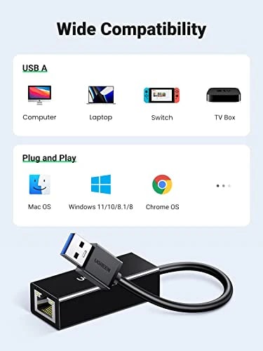UGREEN Преходник Адаптер от USB-A 3.0 към RJ45 /ж/ /черен/ - CR111 / 20256