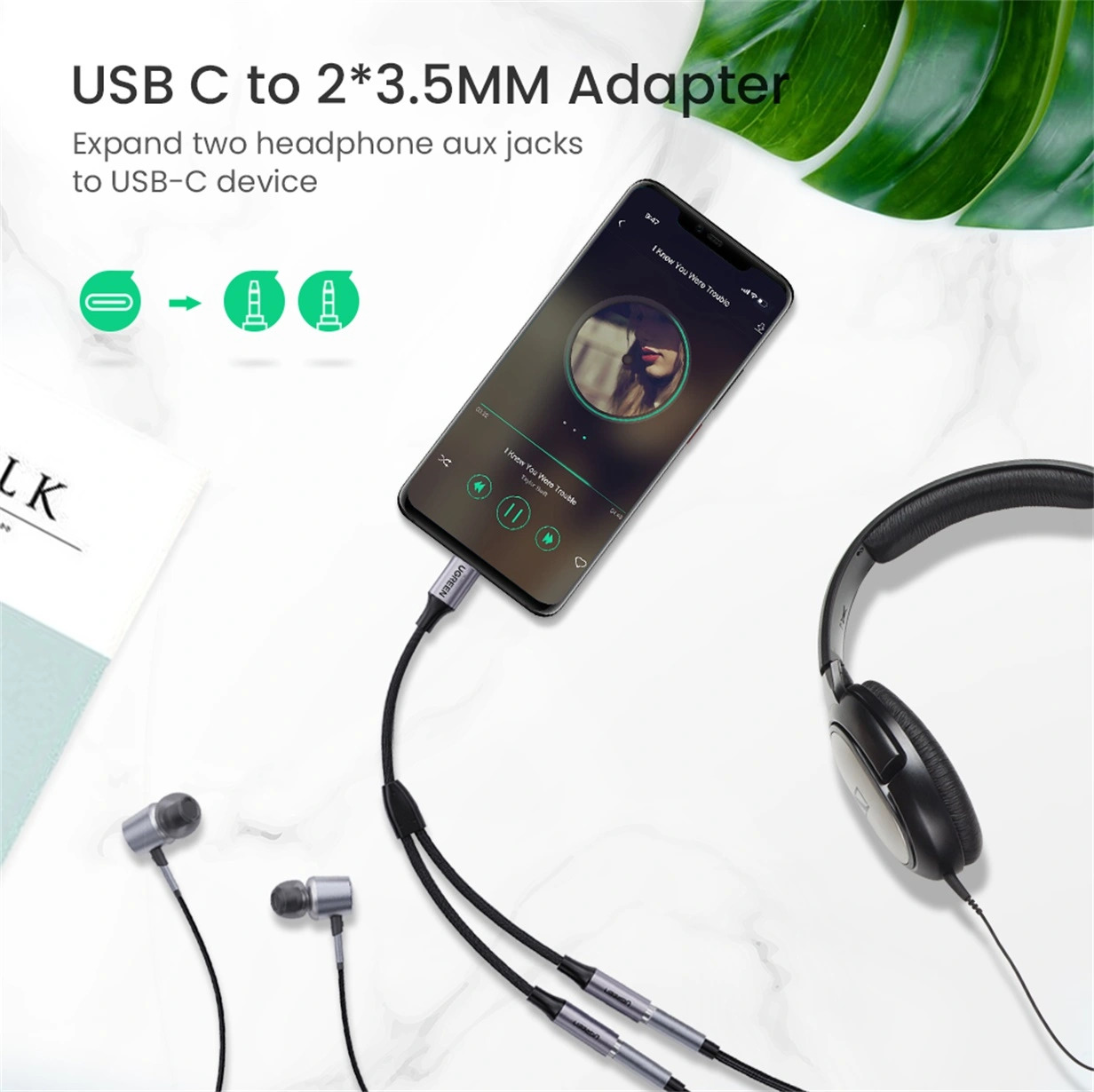 UGREEN Аудио кабел 2-в-1 от 2 x AUX/ж/ 3.5mm към Type-C/м/, 0,25m /сив/ - AV144 / 30732