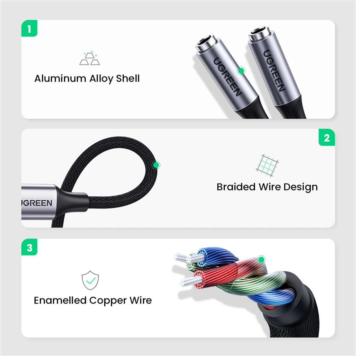 UGREEN Аудио кабел 2-в-1 от 2 x AUX/ж/ 3.5mm към Type-C/м/, 0,25m /сив/ - AV144 / 30732