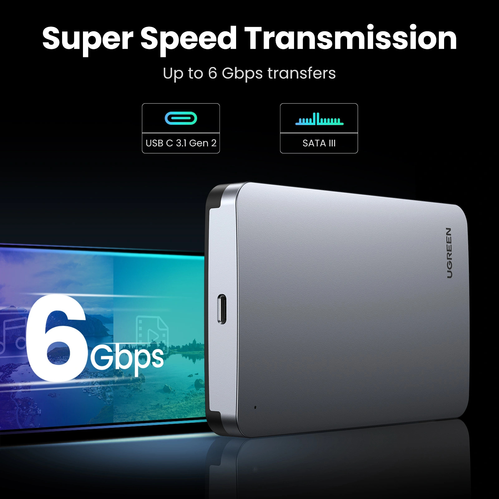 UGREEN Кутия за външен хард диск + кабел Type-C - Type-C, HDD SSD, SATA 2.5 /сив/ - CM300 / 70499