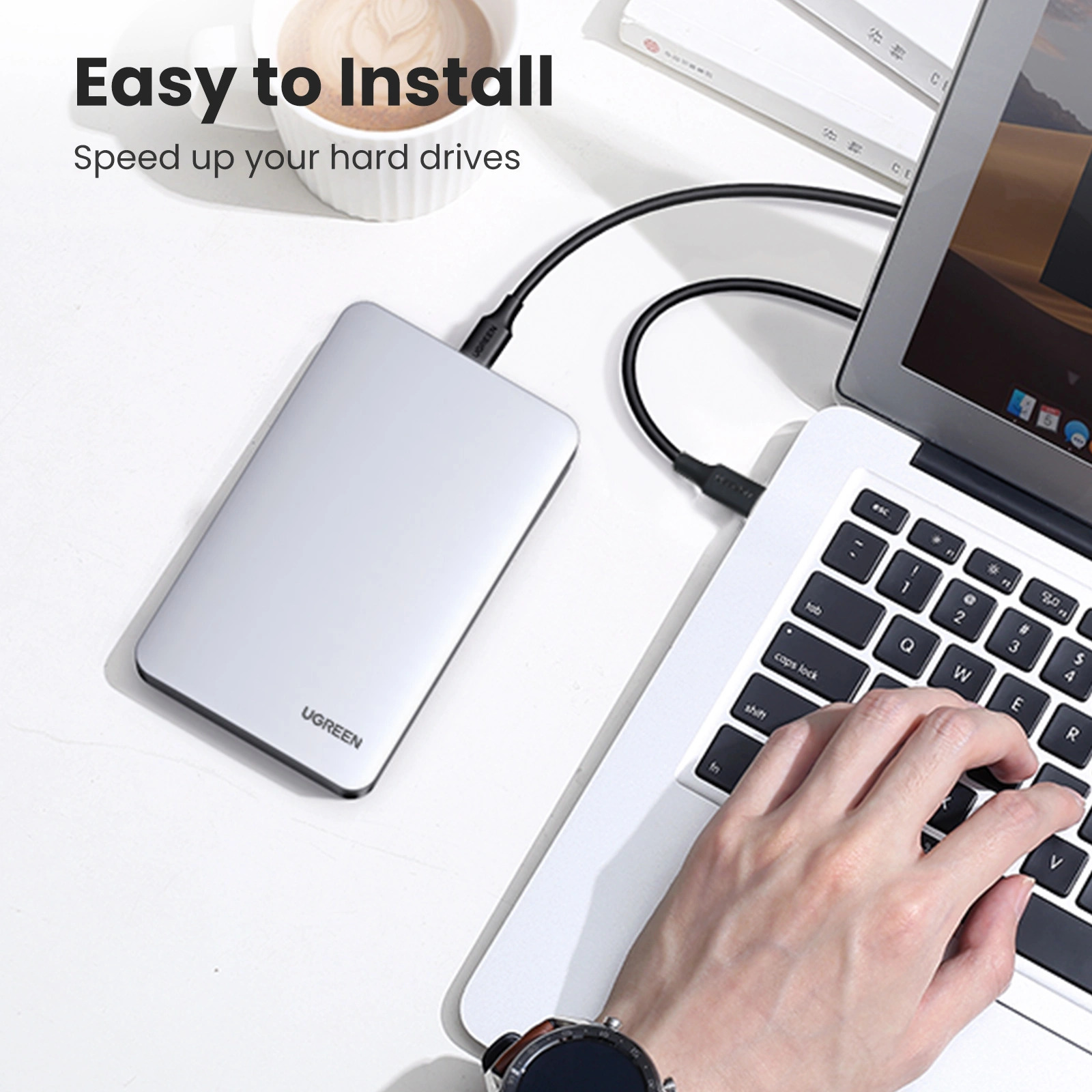 UGREEN Кутия за външен хард диск + кабел Type-C - Type-C, HDD SSD, SATA 2.5 /сив/ - CM300 / 70499